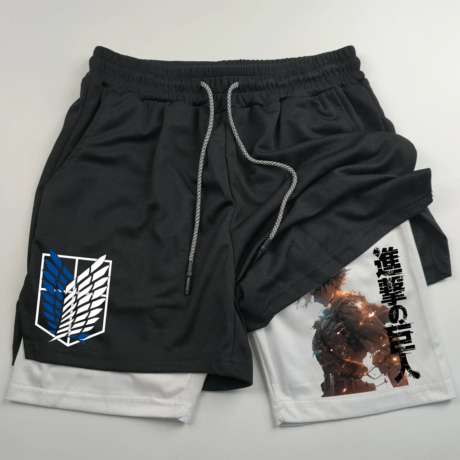 2-in-1 sports shorts anime Attack on Titan men's shorts quick drying breathable sports fitness shorts outdoor running gym short