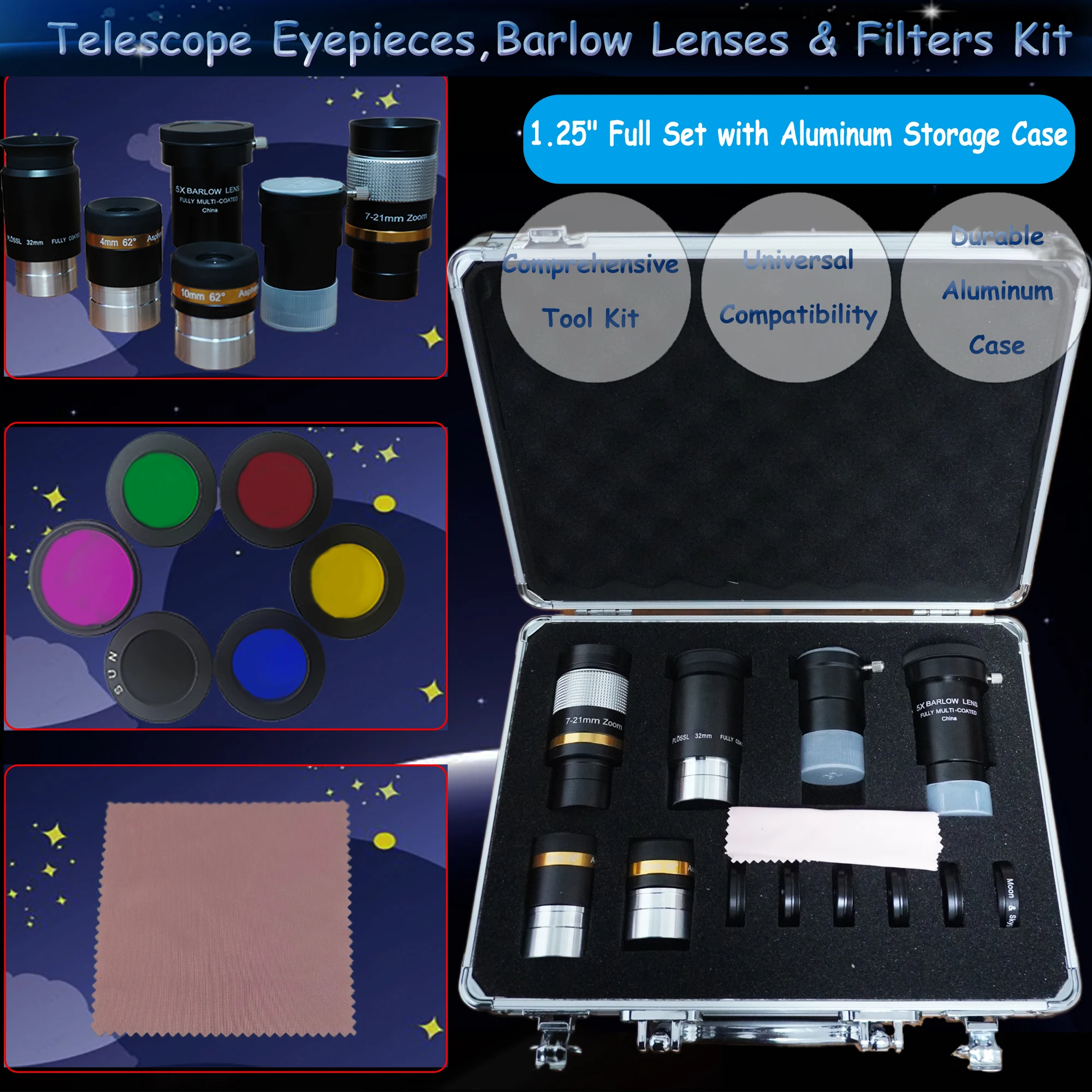 Kit de accesorios para astronomía, 13 Uds., 1,25 ", filtros solares y luna, filtros de Color, lente Barlow 5X, ocular gran angular/Zoom, caja de aluminio
