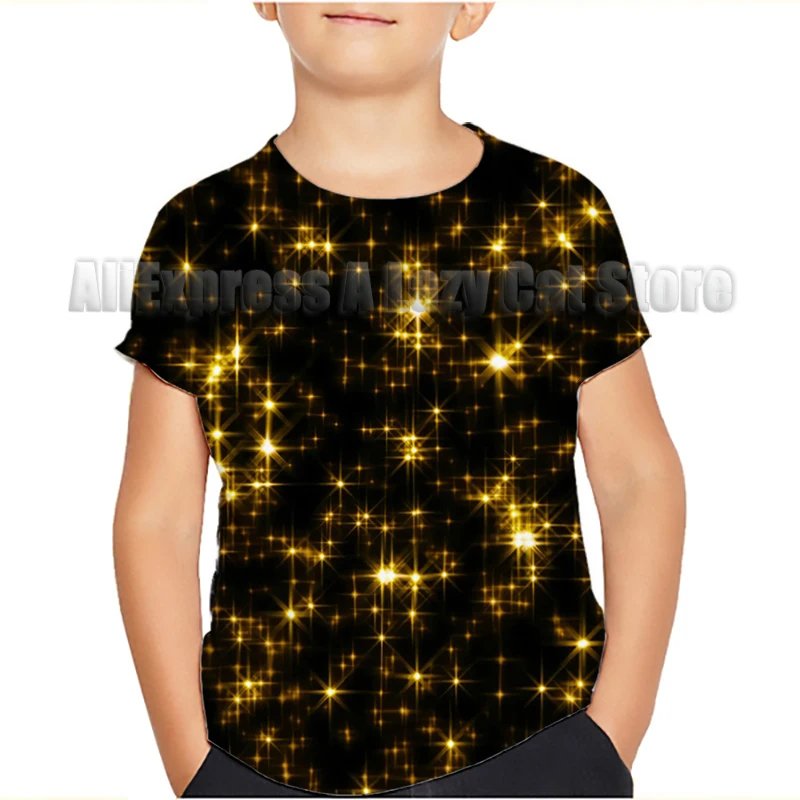 Shiny Gold T-Shirts 3D Tees Fashion Boys Girls Children O-Neck Oversized Short Sleeve Summer Casual Kids Tops 2023