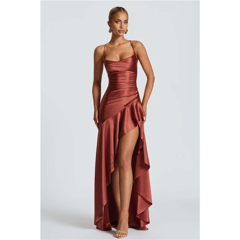 Vestido de cóctel con escote en V, sin mangas, de satén, con dobladillo con volantes, ajustado, largo, informal, con espalda abierta y abertura larga