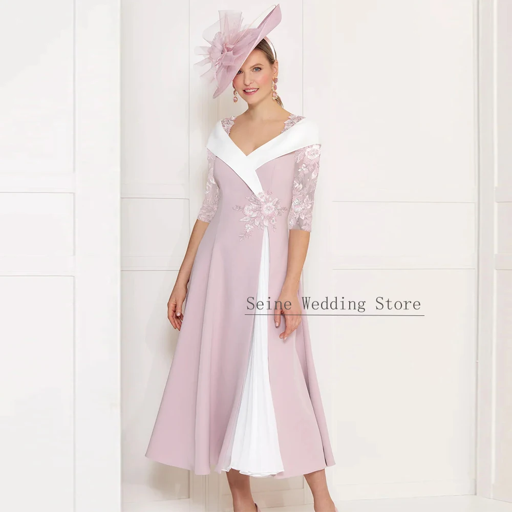 Customized Wedding Guest Dresses A-line V-neck Mother of the Bride Dress Navy Blue Applique Contrast Color Formal Gowns Midi image 2