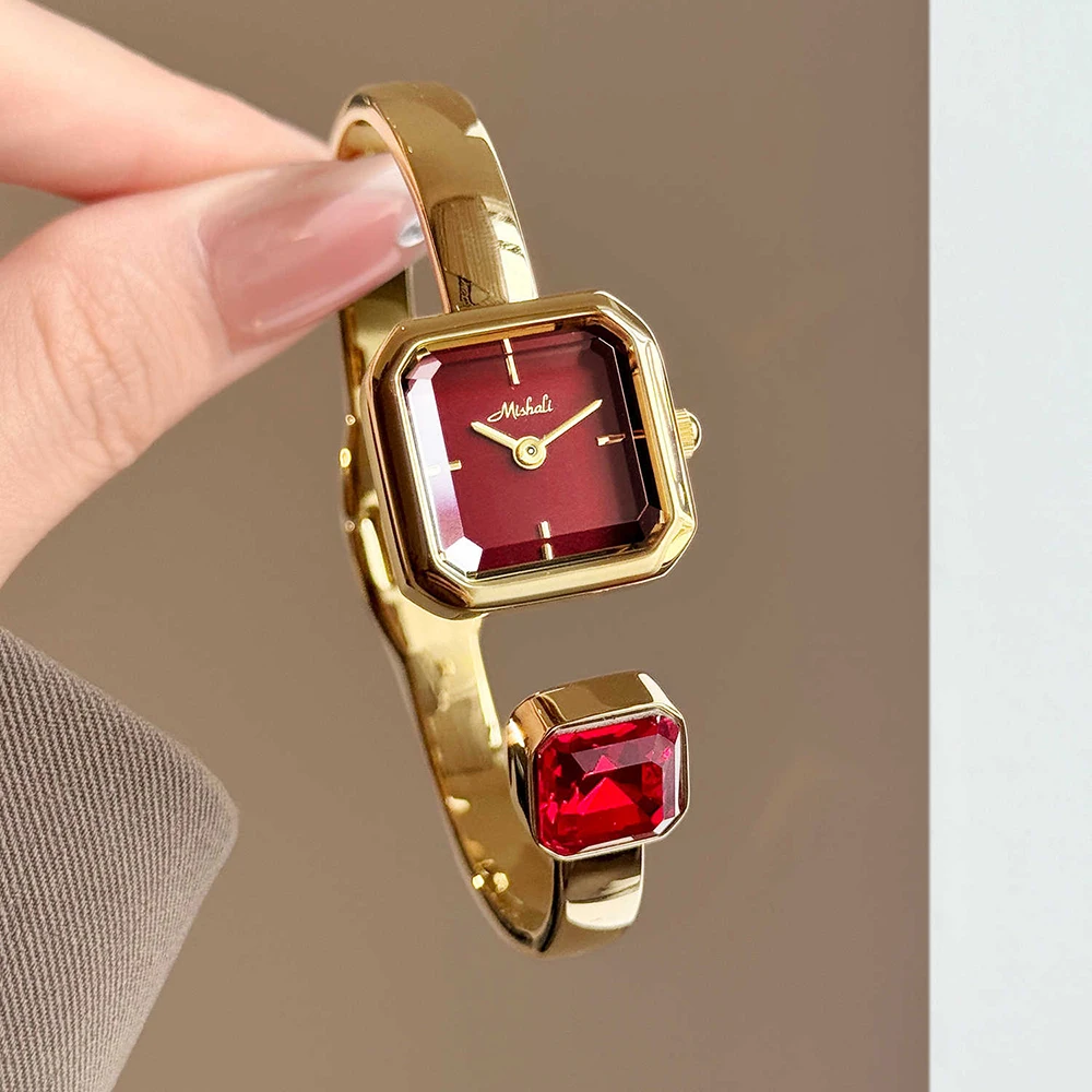 High-end Luxury Women's Watch Gold Open Cuff Bracelet Delicate Elegant Small Square Quartz Ladies Wristwatch Jewelry Gift Reloj