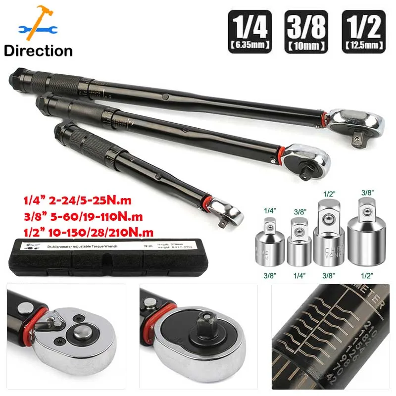 2-210N.m Torque Wrench 1/2\'\' 3/8\'\' 1/4\'\' Square Drive Preset Bicycle Torques Key Two-way Ratchet Car Bike Automotive Hand Tools