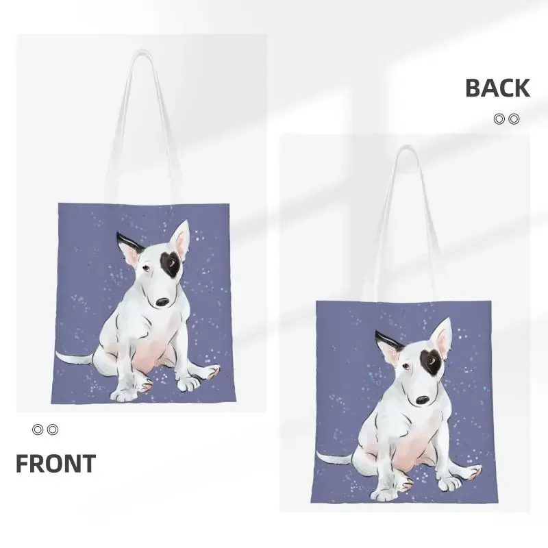 Reusable English Bull Terrier With A Heart Shaped Patch Shopping Bag Women Canvas Shoulder Tote Bag Durable Grocery Shopper Bags