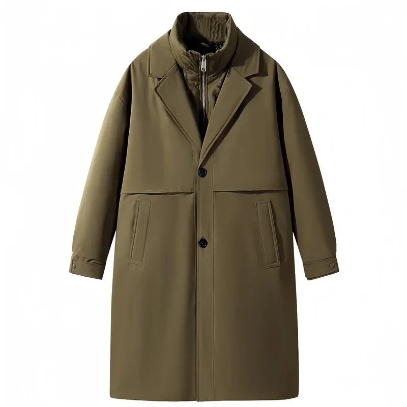 

2025 мужские однобортные пальто с длинным рукавом, отложная куртка, свободные уличные куртки с карманами 2025 года, однотонные сращенные искусственные плащи из двух частей