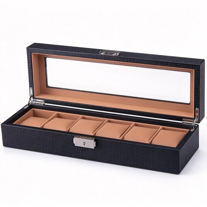 For Carbon Fiber Pattern 6-digit Leather Watch Box Storage Display Watch Box