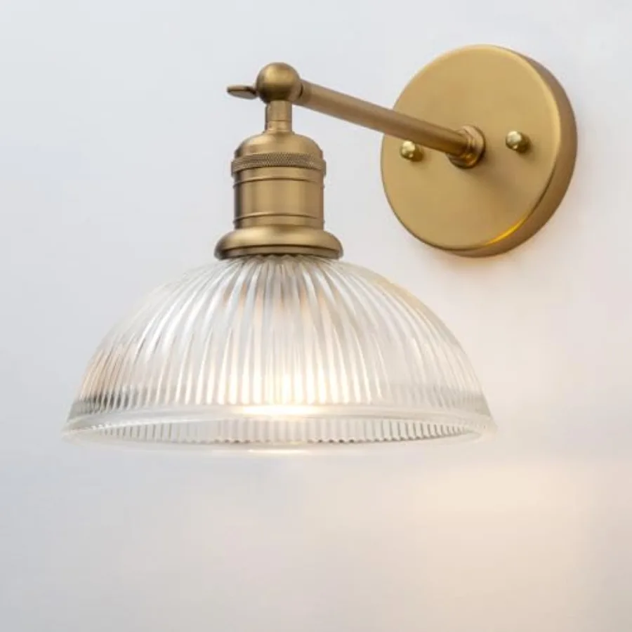 

Brass Indoor Wall Sconce, 1-Light Modern Vanity Light Vintage Industrial Single Lamp Hardwired Clear Striped Bowl Glass Shade f