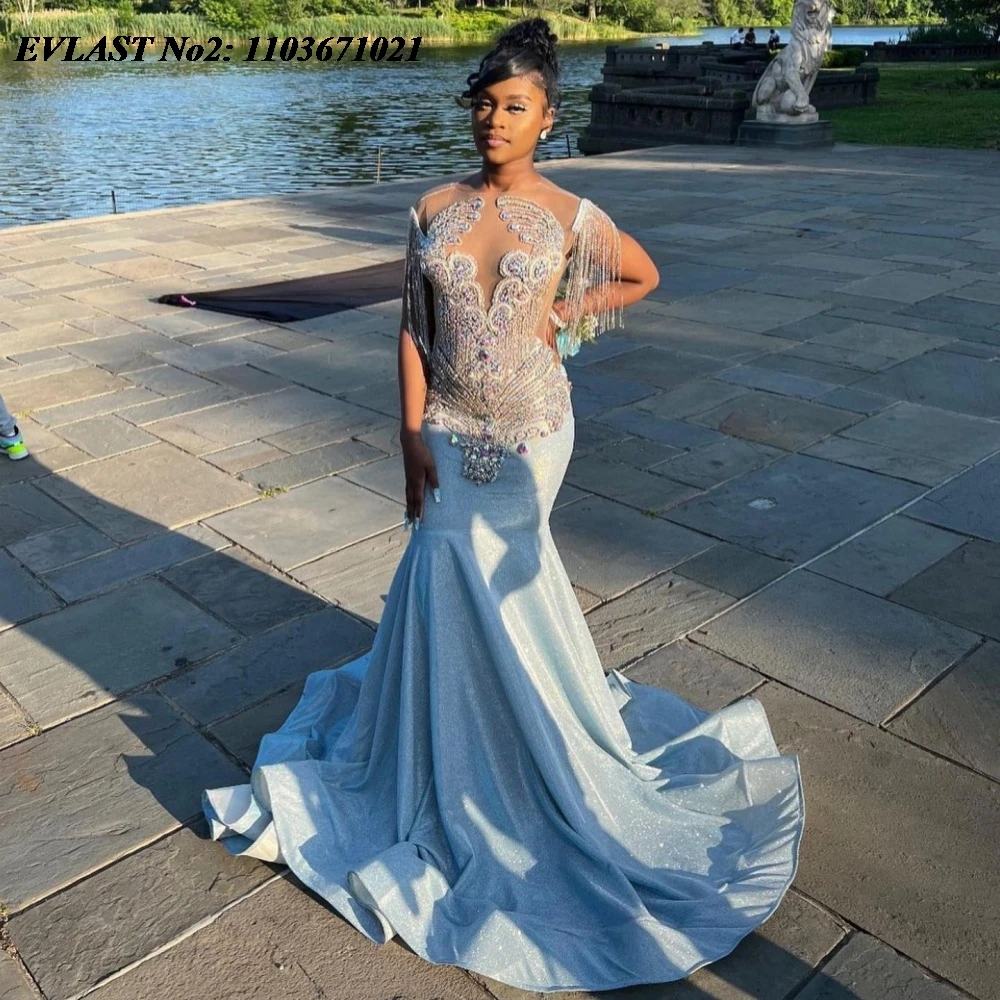 

EVLAST индивидуальное блестящее африканское синее платье русалки для выпускного вечера черная девушка с бриллиантами и кристаллами из бисера вечернее платье Soirée E2P333