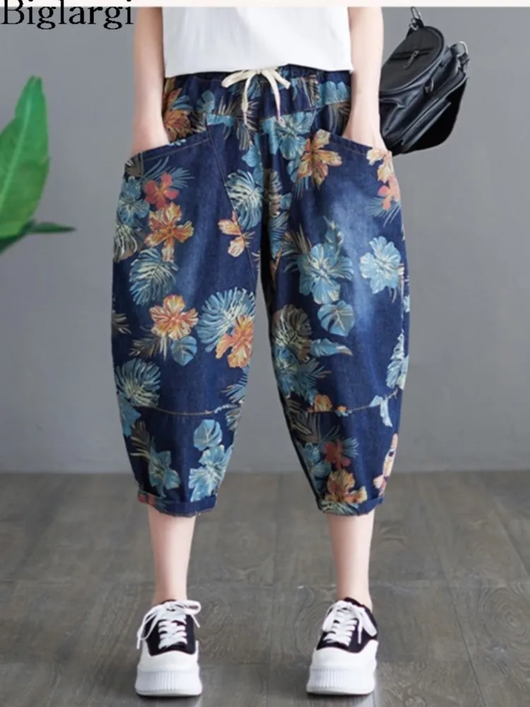 

Summer Jeans Harem Pants Women Loose Flower Print Wide Leg Denim Pants Ladies Trousers Fashion Casual Elastic Waist Woman Pants