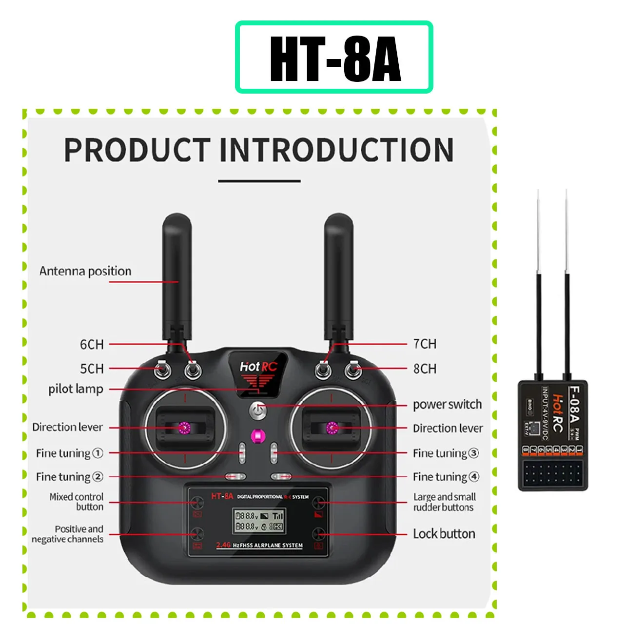 Hotrc HT-8A Transmitter and 8CH F-08A Receiver With Box for Drone RC Aircraft RC Car RC Ship