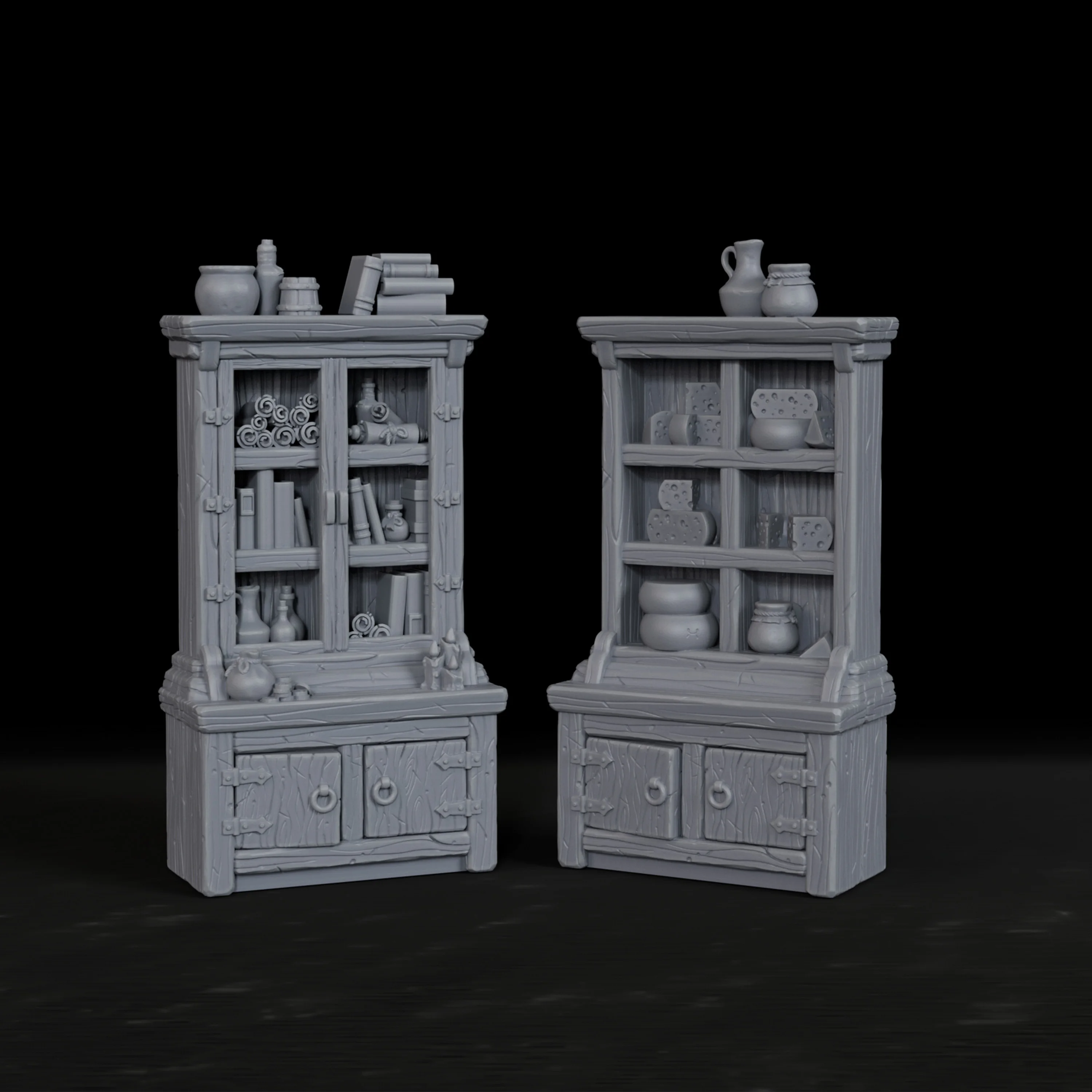 2Pcs RPG Miniature Furniture Set - Bookshelf & Pantry Cabinet for Tabletop Role-Playing Game Terrain, Great Gift