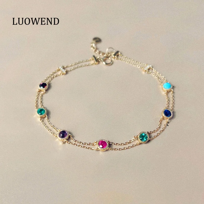 

LUOWEND 100% 18K Yellow Gold Bracelet Romantic Rainbow Design Natural Gemstone Bracelet for Women High Party Jewelry