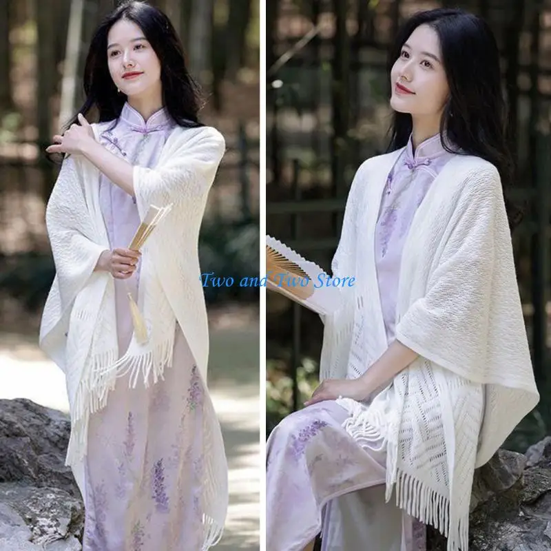 

HX6F Fashionable Crochet Ponchos Scarf For Spring Summer And Fall Elegant And Lightweight Fringes Pashmina Shawl
