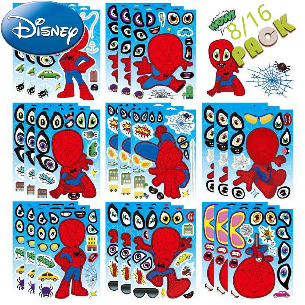 

8/16sheets Disney Anime Spider-Man Puzzle Stickers Make A Face Children DIY Cool Cartoon Assemble Jigsaw Decal for Kids Toy Gift