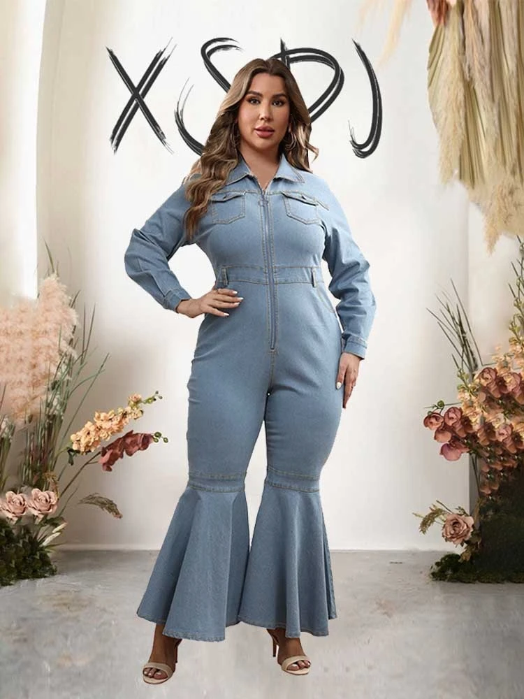 

Jumpsuit Women Jeans Denim Flare Pant Plus Size Winter One Piece Jumpsuit Stretchy with Zipper Ladies Jumpsuit Long Elegant