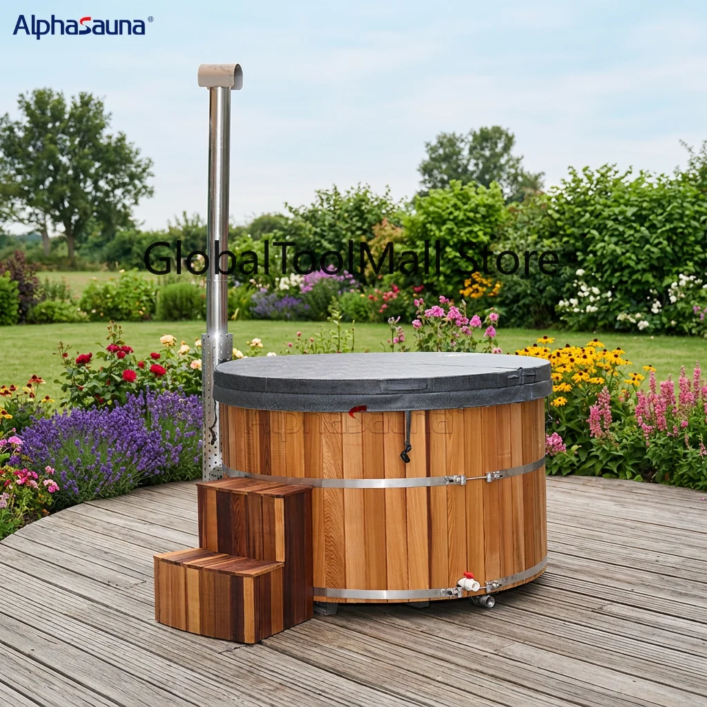 Dual-system Heated Massage Bathtub Portable Modern Wood Burning Hot Tub Freestanding Outdoor for 2-3 People
