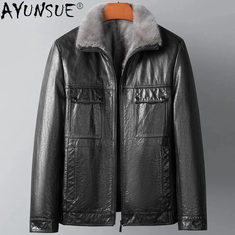 AYUNSUE Winter Genuine Leather Jacket Men Clothing Black Mink Collar Cow Coat Short Coats Warm Male Fur Chaquetas