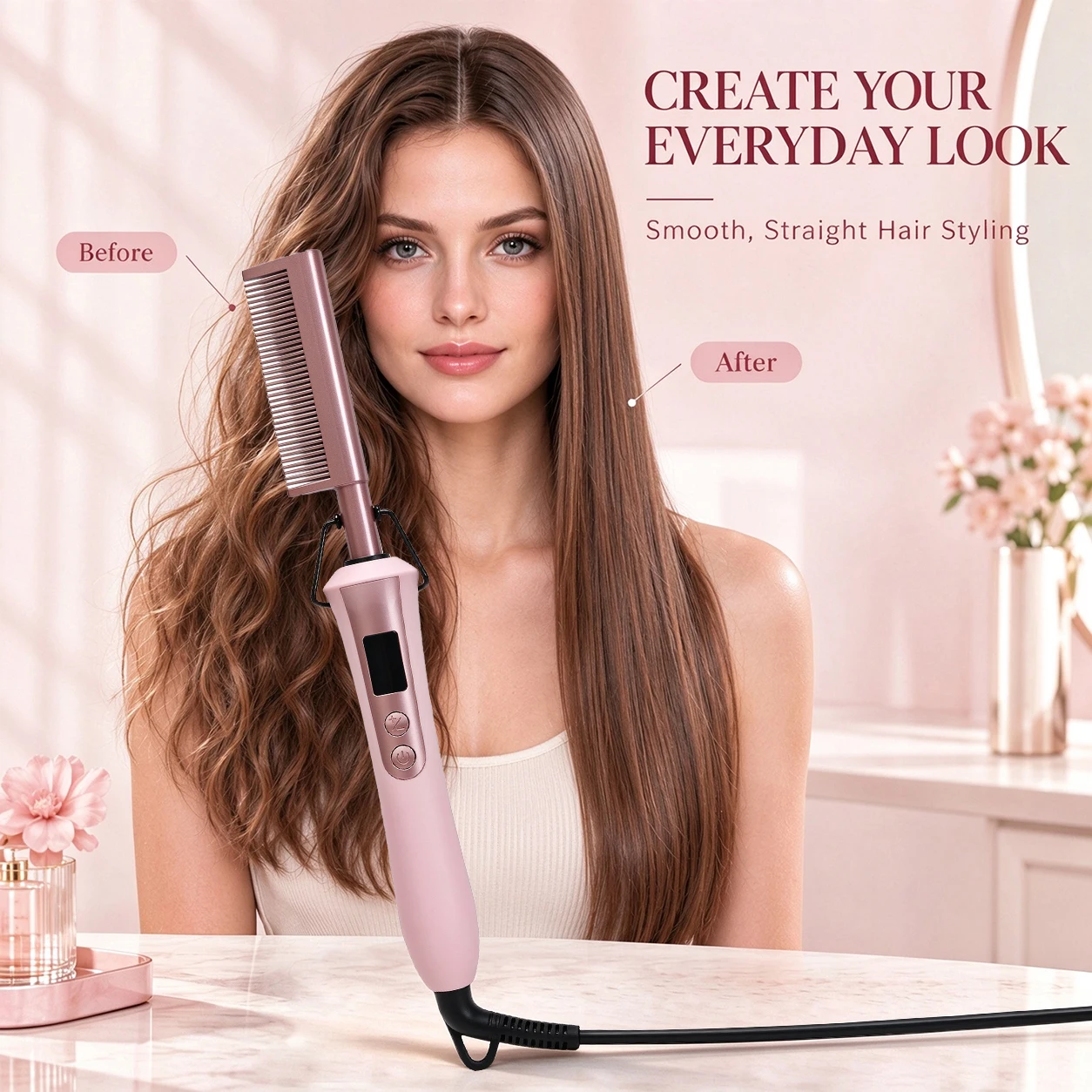 Portable Hot Comb Straightener, Digital Screen Adjustable Temp Electric Heating Comb, Home Travel Salon Hair Styling Tool, Gift