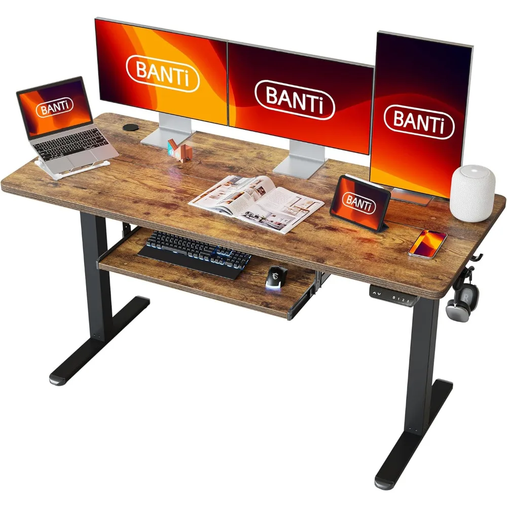 

computer desks 63" x 24" Height Adjustable Electric Standing Desk with Keyboard Tray, Sit Stand up Desk with Splice Board, White