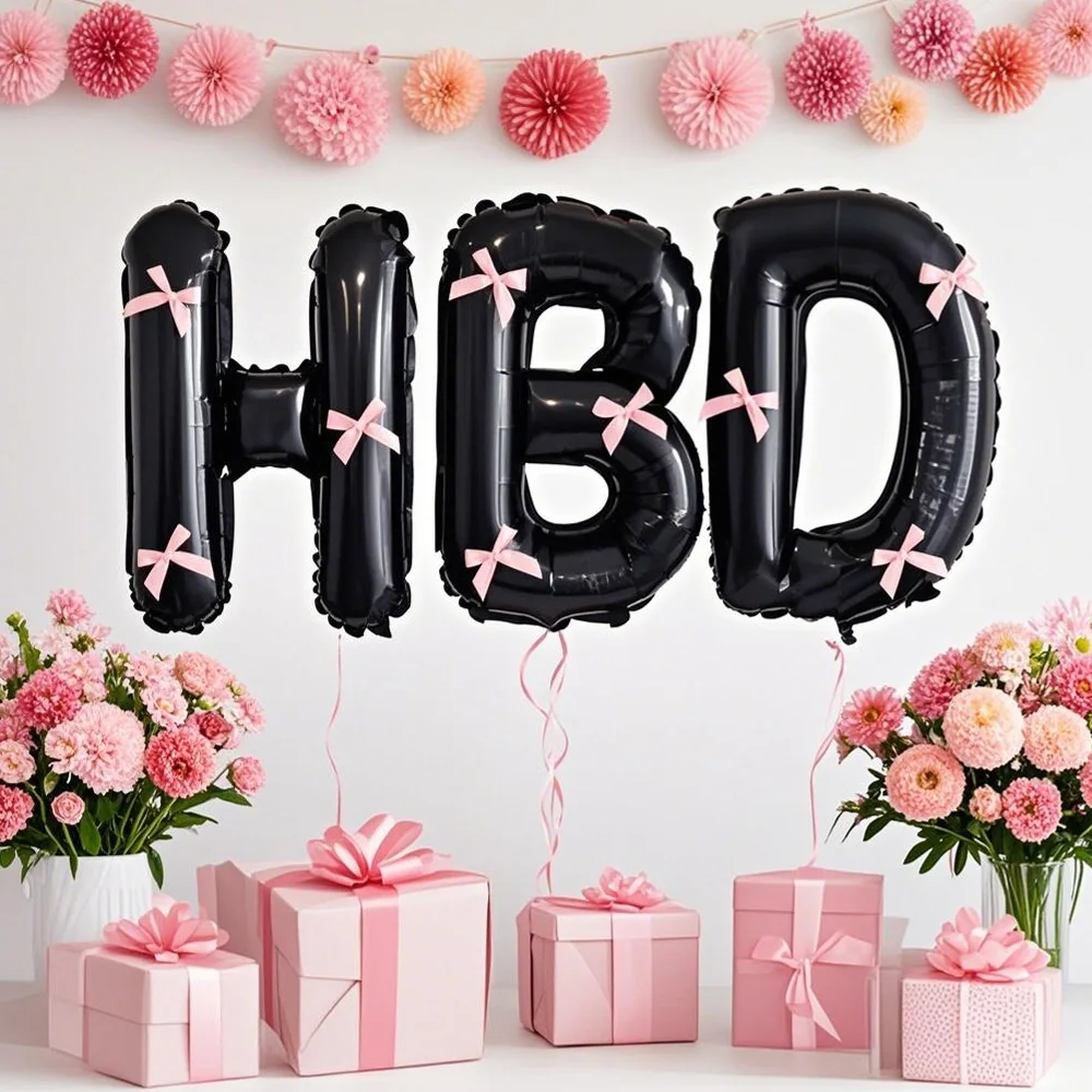1 Set schwarze 'HBD'-Buchstaben-Folienballons mit rosa Schleife für Geburtstagsfeiern, Partydekoration und Foto-Requisiten – Detail 7