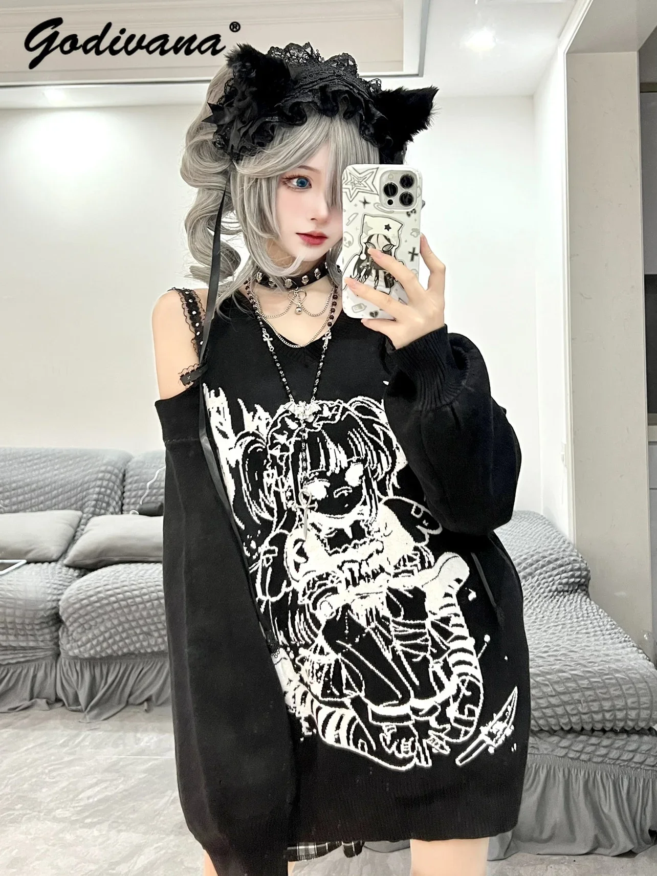 Streetwear New Dark Angel Subculture Loose Off-Shoulder Black V-Neck Sweater Knitted Top Autumn Winter Cool Girls Y2K Knitwear