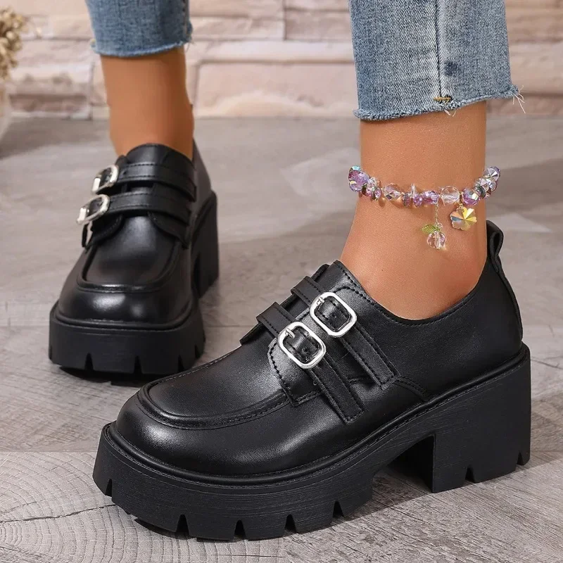 

Модные лоферы больших размеров 2025, женские туфли-лодочки на высоком каблуке с круглым носком и массивным каблуком на платформе с пряжкой и ремешком для классического повседневного офиса