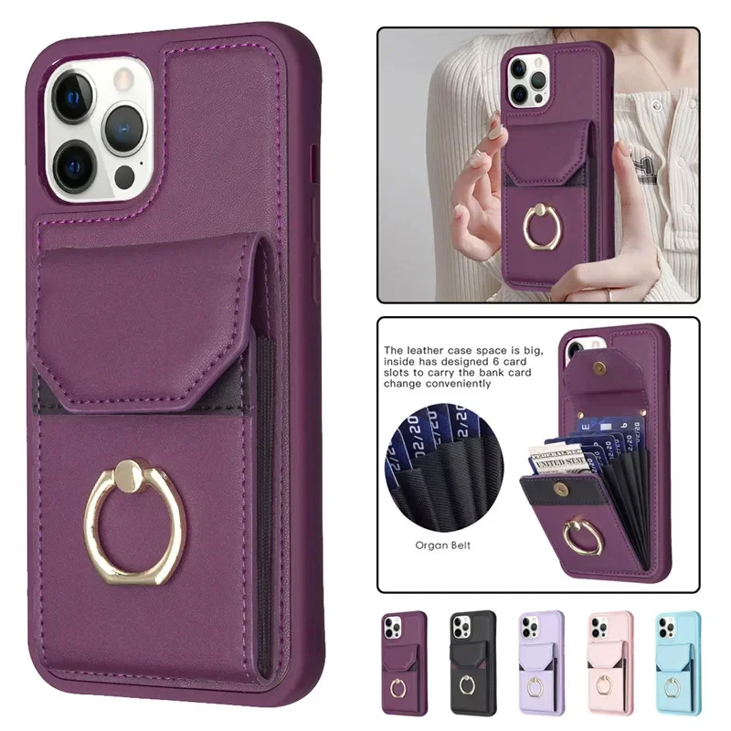 

Luxury Ring Leather Wallet Card Phone Case for iPhone 15 14 13 Pro 12 11 XS Max XR X SE 2022 8 7 6 6S Plus Flip Stand Cover Etui