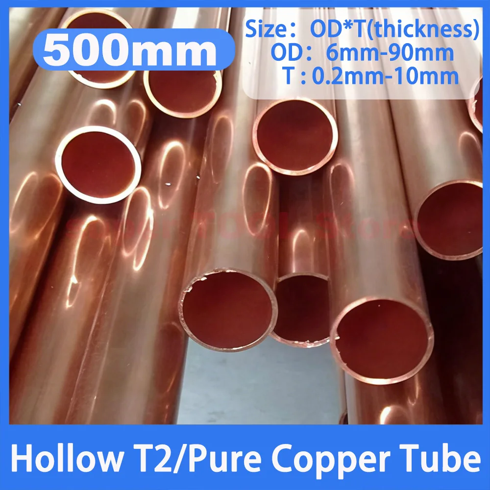 500mm Red Copper Round Tube Hollow Pure Copper Pipe OD 1/2/3/4/5/6/8/10/12-90mm for DIY Industrial Cooling Air Conditioner Parts