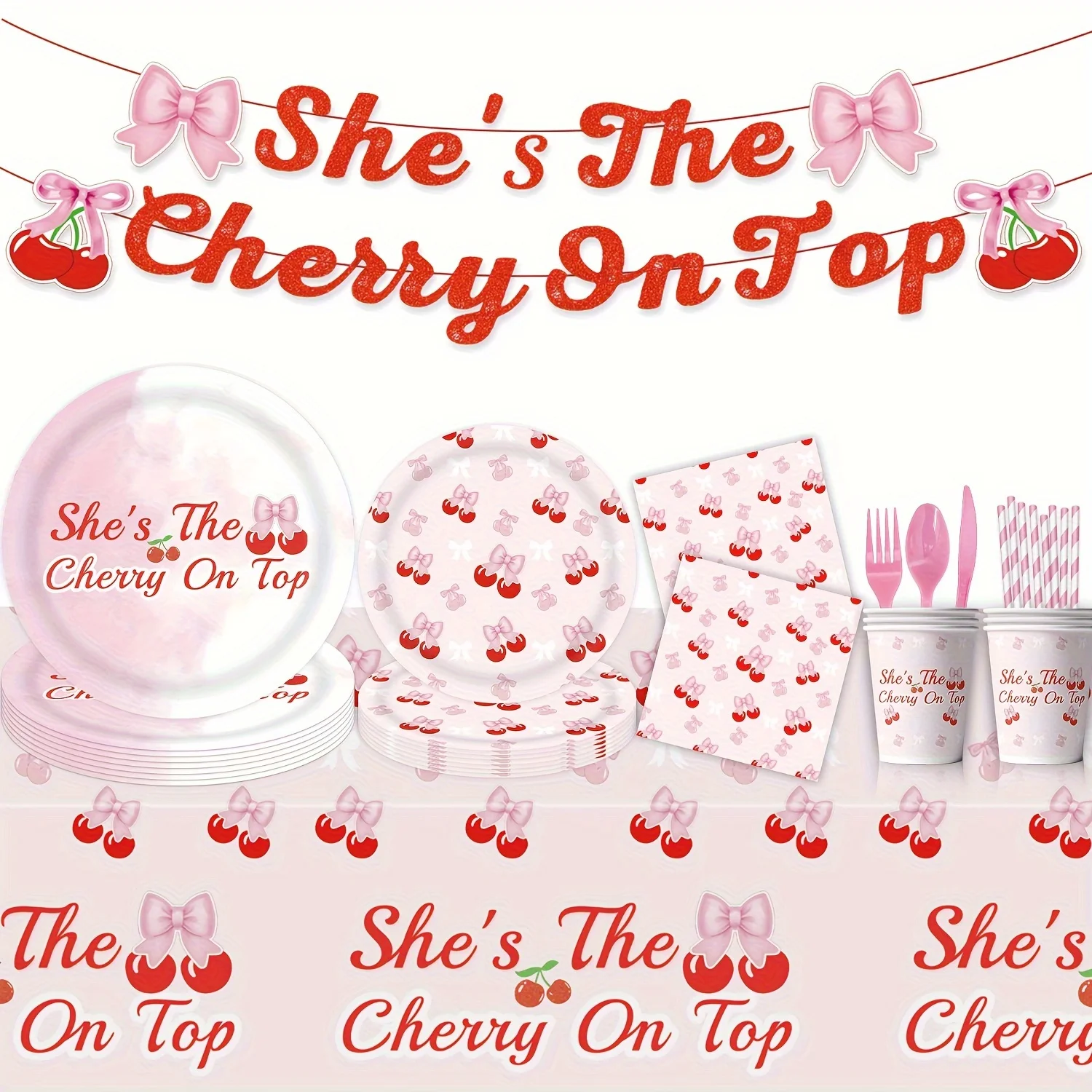 Summer Red Cherry Themed Birthday Party Disposable Tableware and Tablecloth, Party Decorations