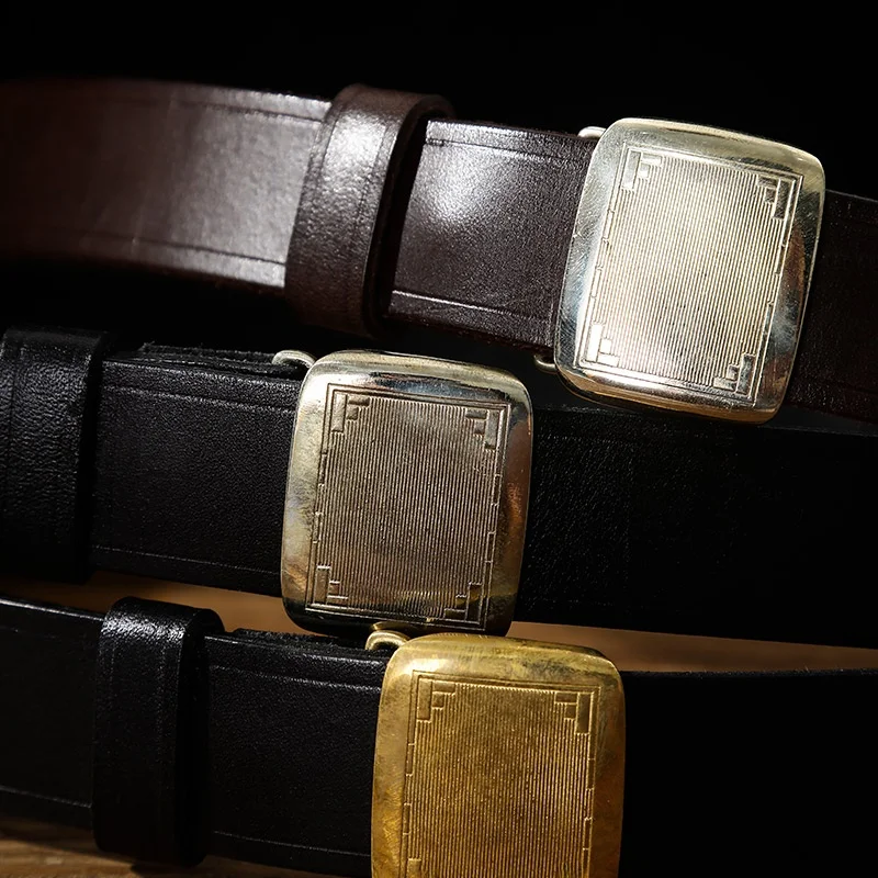 

Retro Trend Handmade Pure Brass Bule Leather Belt Men's Top Layer Cowhide Tanned Leather Auatic Bule Waist Belt