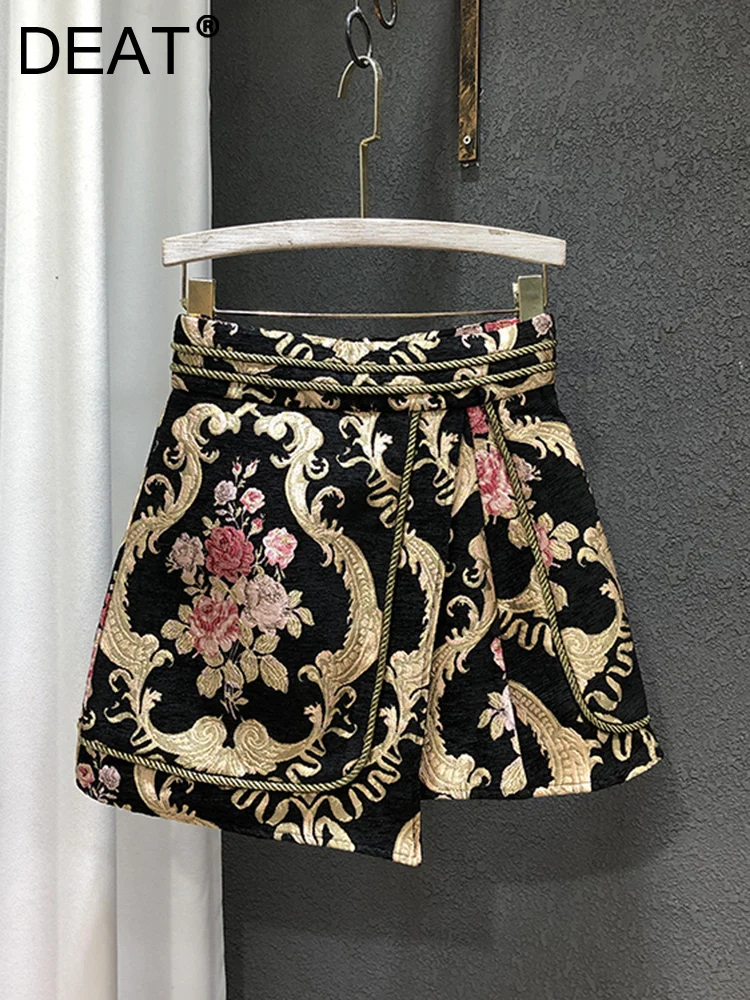 DEAT Vintage Flower Jacquard Designer Skirt Women's High Waist Fake Two Patchwork A-line Skirts Female 2024 Summer New 11XX2206