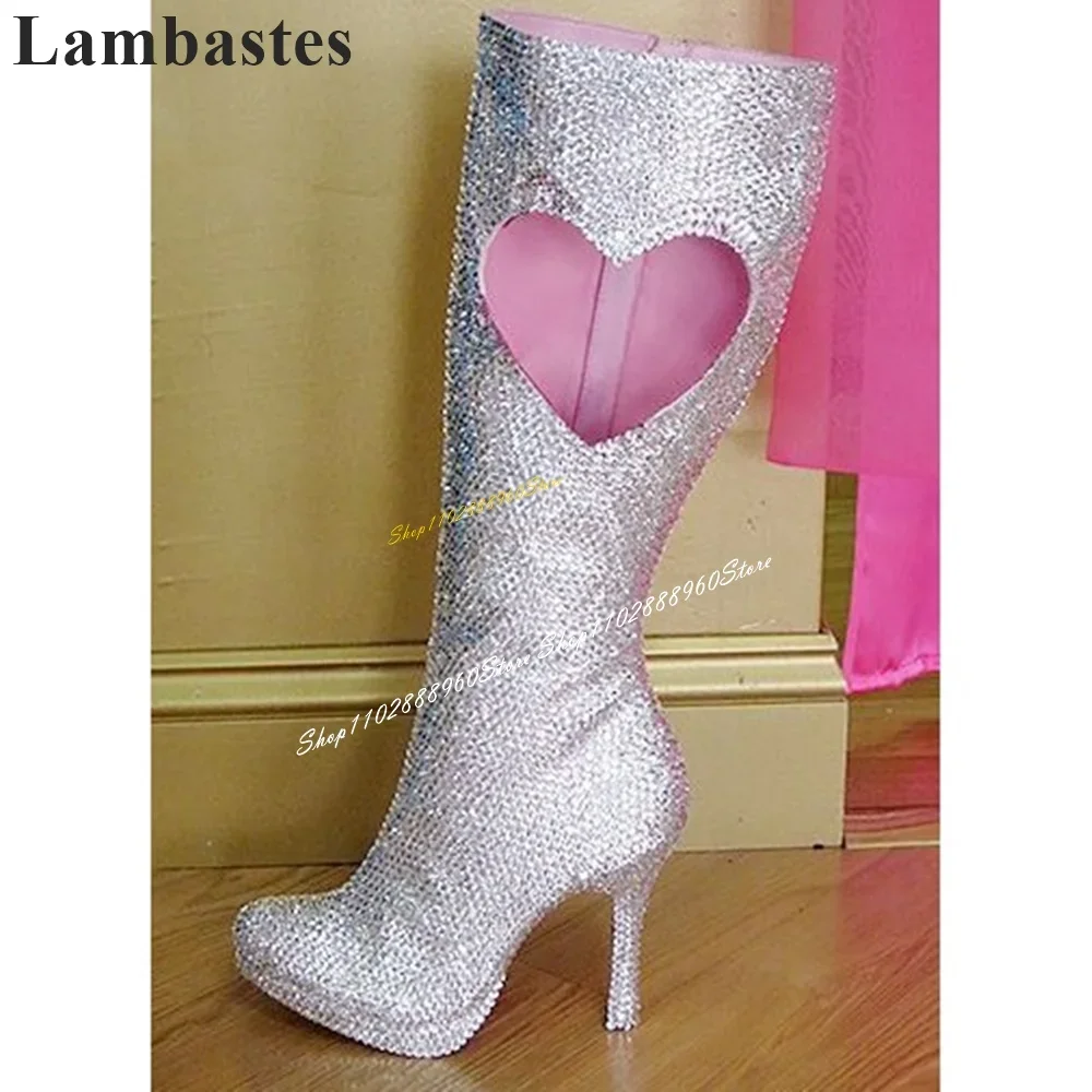 

Knee High Silver Full Crystals Hollow Heart Boots Thin High Heel Women Shoes Side Zipper Pointed Toe Luxury Banquet Women Boots