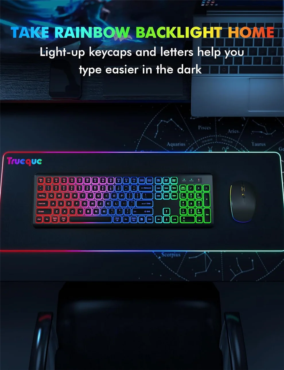 Jomaa RGB Backlit Full Size Wireless Keyboard and Mouse Set for Computer Laptop LED Light Rechargeable Keyboard Mouse Comb