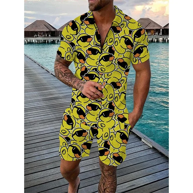 Summer Men Tracksuit Funny Duck 3D Print Short Sleeve Zipper Polo Shirt Shorts 2 Pieces Sets Male Oversized Street Hip Hop Suits