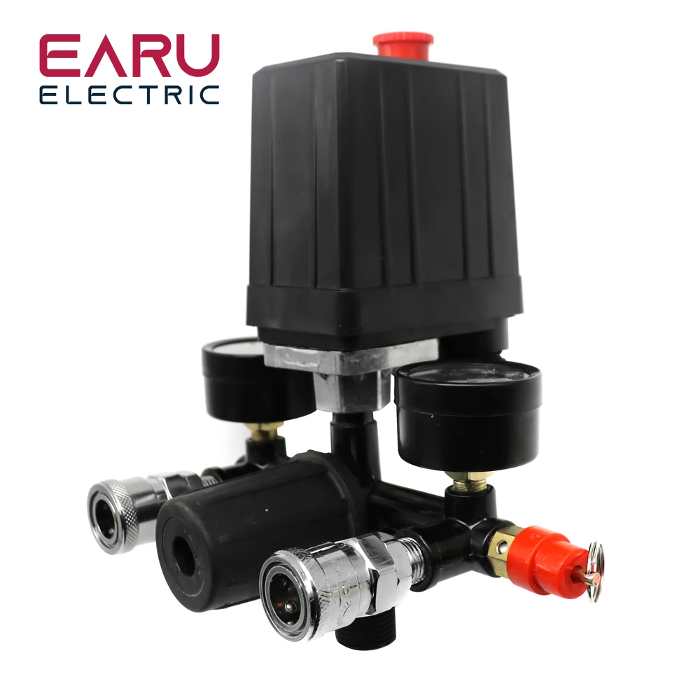 كفاءة 220 فولت/380 فولت 4 ميناء منظم واجب مضخة ضاغط الهواء التحكم في الضغط التبديل صمام التحكم في مضخة الهواء 0-180PSI مع مقياس #4