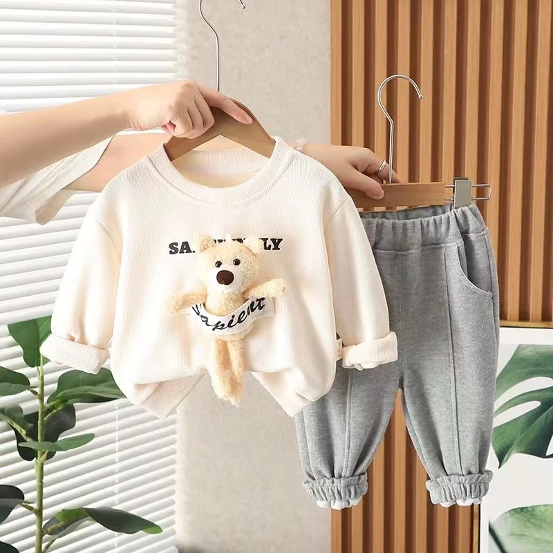 Boys Cartoon Doll Bear Sweater Set 2024 Spring and Autumn New Children's Casual Wear Two Piece Set For Boys and Babies