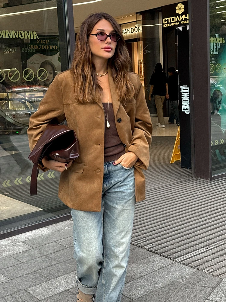 

Brown Vintage Suede Lapel Coat Long Sleeve Single Breasted 2024 Winter Jackets Women New in Outerwears Office Lady Commuting Top