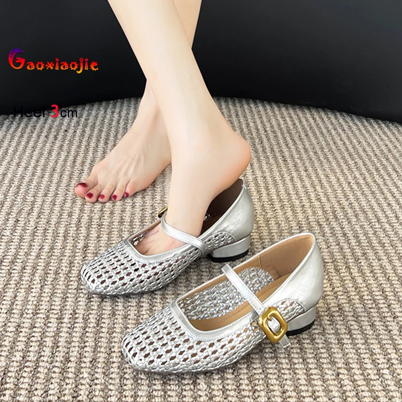 

Summer New Hollow Out Pumps Ladies 3CM Chunky High Heels Silvery Mary Janes Shoes Fashion Weave Breathable Cool Shoes For Women