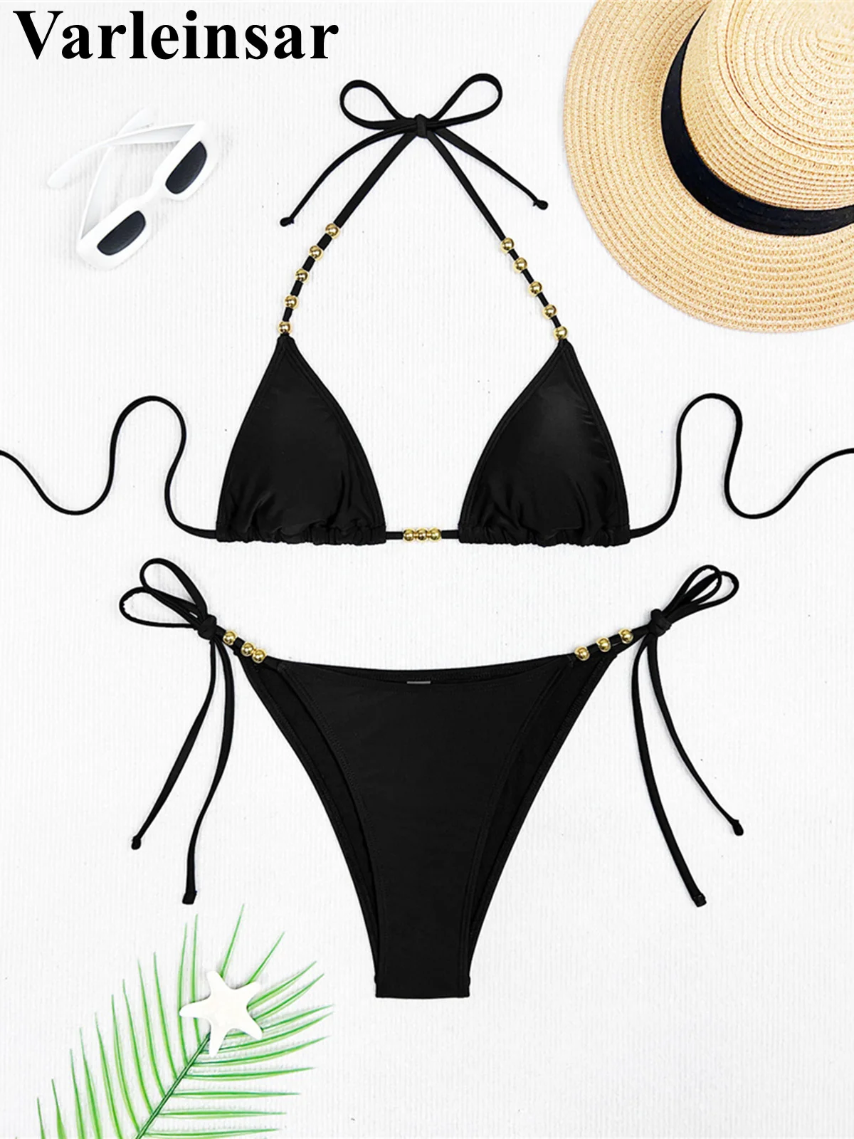 

XS - L Halter Metal Bead Bikini Women Swimwear Female Swimsuit Two-pieces Bikini set High Leg Cut Bather Bathing Suit Swim V7618