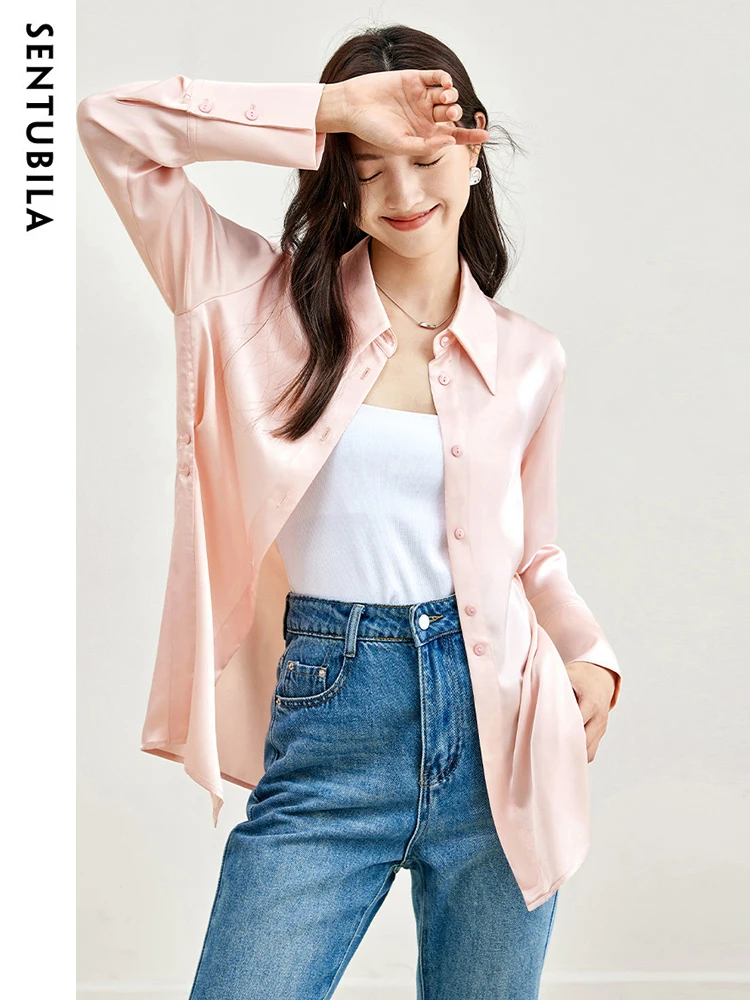 

SENTUBILA Women's Elegant Pink Shirts & Blouses 2024 Autumn Office Ladies Fashion Long Sleeve Tops Button Down Relaxed Fit Shirt