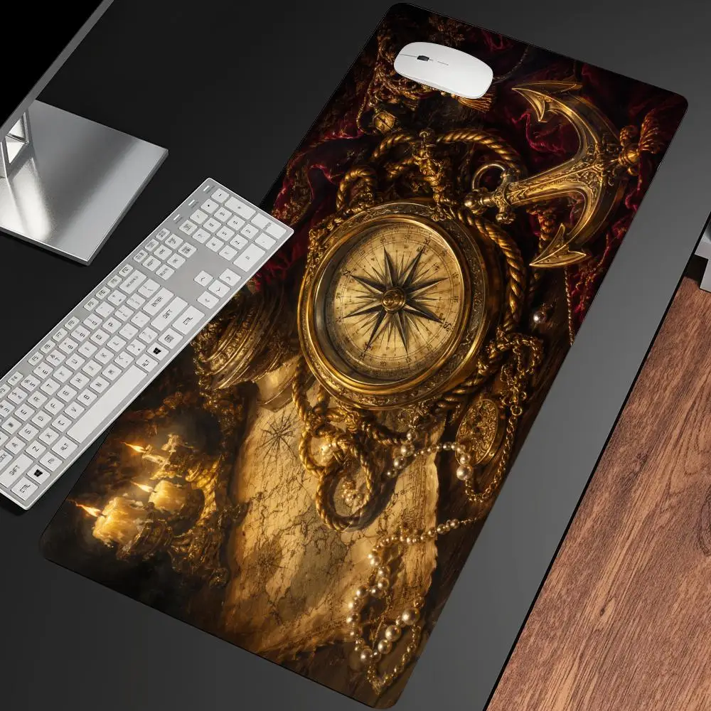 Vintage Brass Compass XL Gaming Mouse Pad Stitched Edge Non-Slip Rubber Base Large Desk Mat For PC Laptop Gamer Mouse Pads
