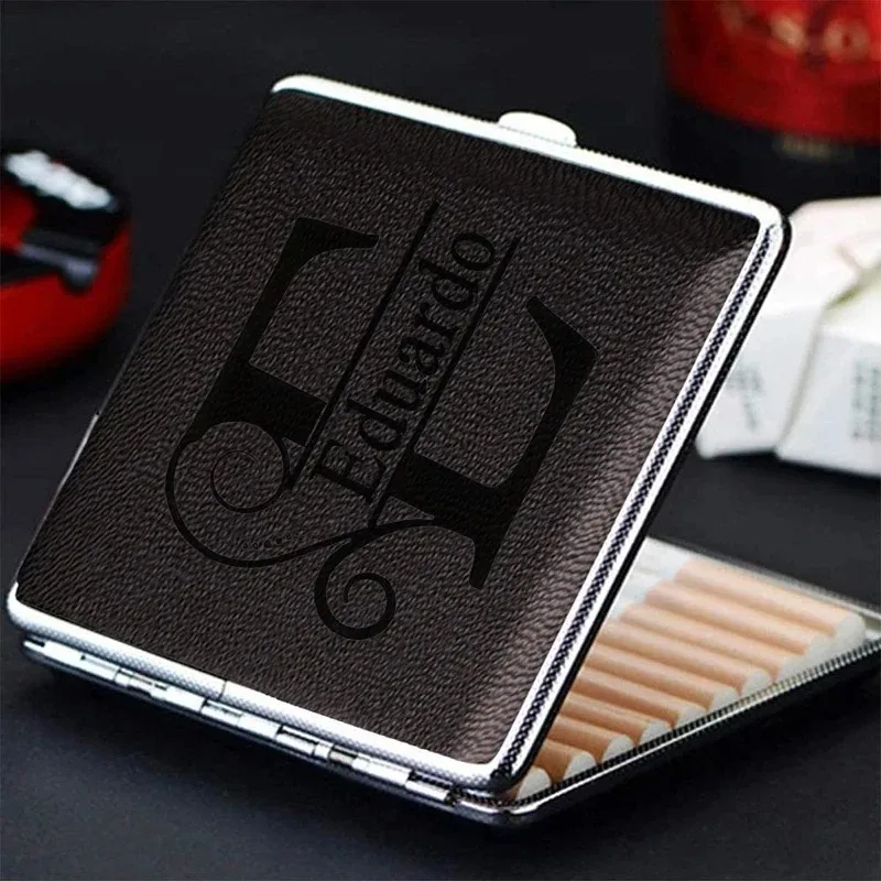 Personalized Name Leather-Surface Metal Cigarette Box Waterproof Design Holds 20pcs Cigarettes Men’s Practical Smoking Accessory
