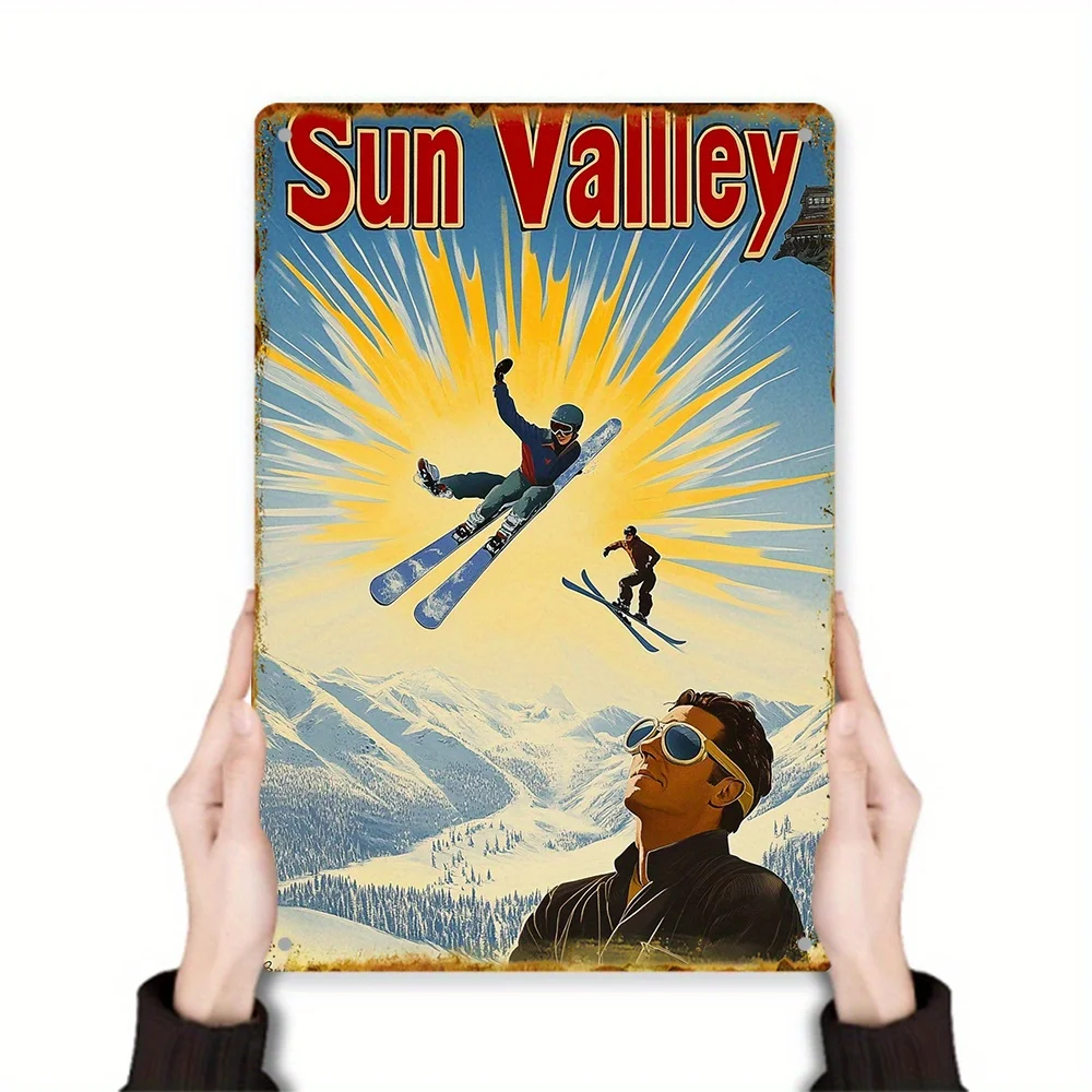 Vintage Ski-Themed Metal Wall Art Sign - Retro  Decor with Dynamic Skier Design, Perfect for Home Aesthetics, Bedroom Decor, and
