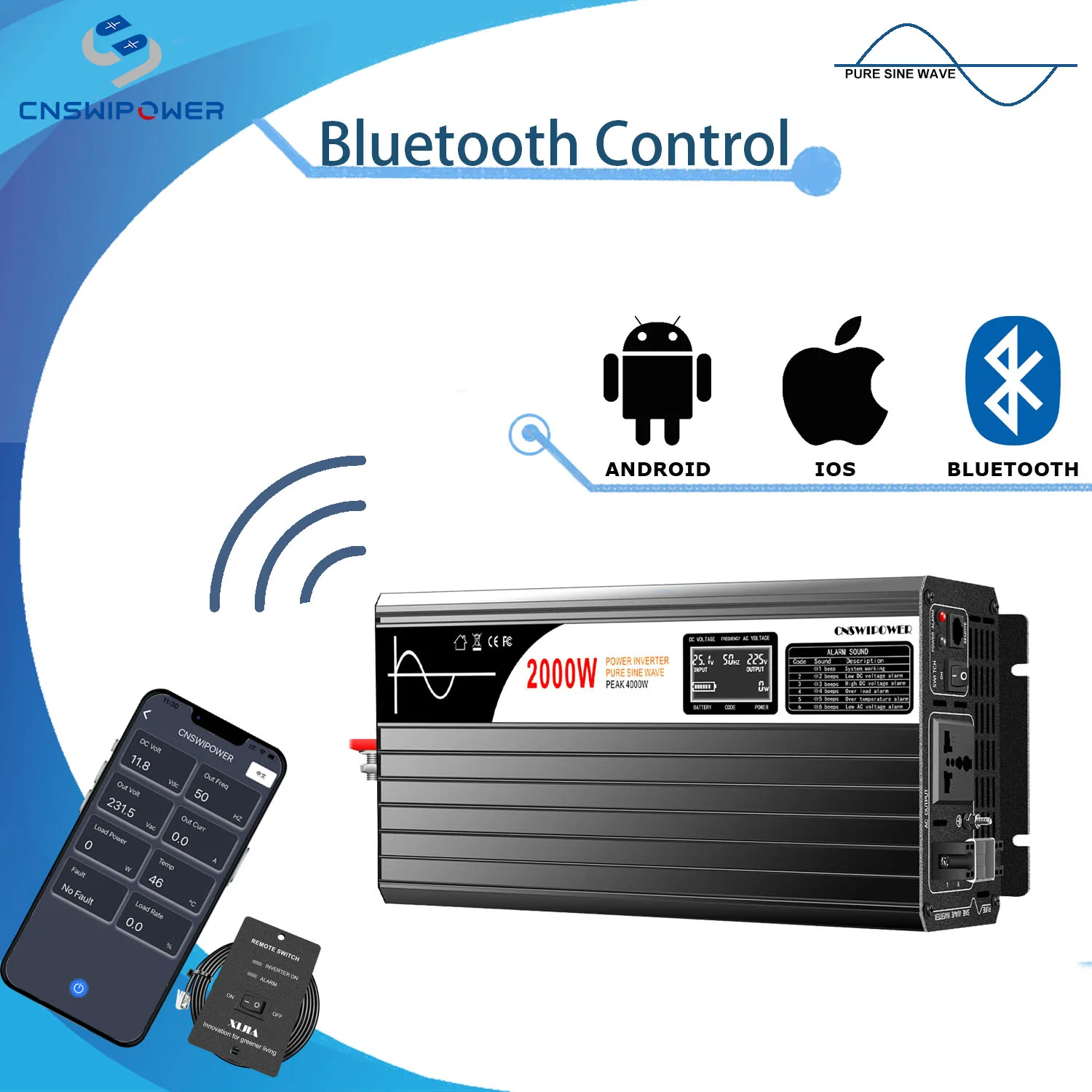 Inversor de Energia Solar de Onda Senoidal Pura 2000w dc 12v 24v 48v para ac 110v 220v Controle Bluetooth Novo