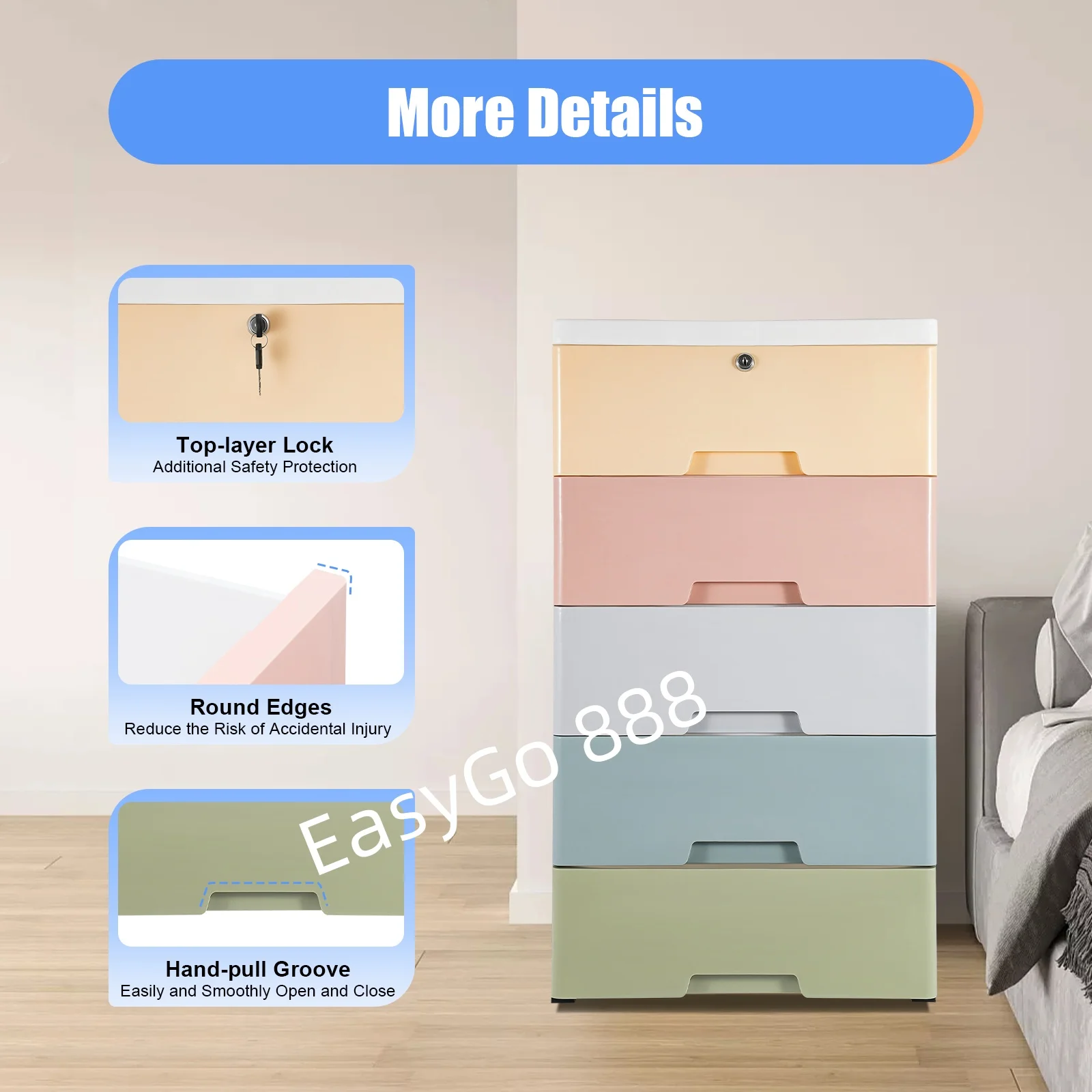 

5Tier Lockable PP Storage Cabinet Macaron Color Rolling Dresser for Bedroom Living Room Bathroom Heavy Duty Plastic Organizer