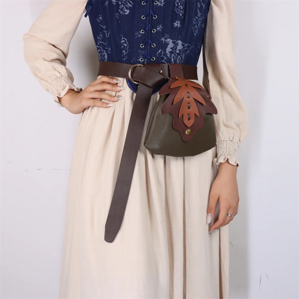 UYEE Medieval Belt Elf Leaf Waist Bag Renaissance Belt Cosplay Copper Coin Waist Bag  Skirt Buckle Prop Leather Belt Halloween