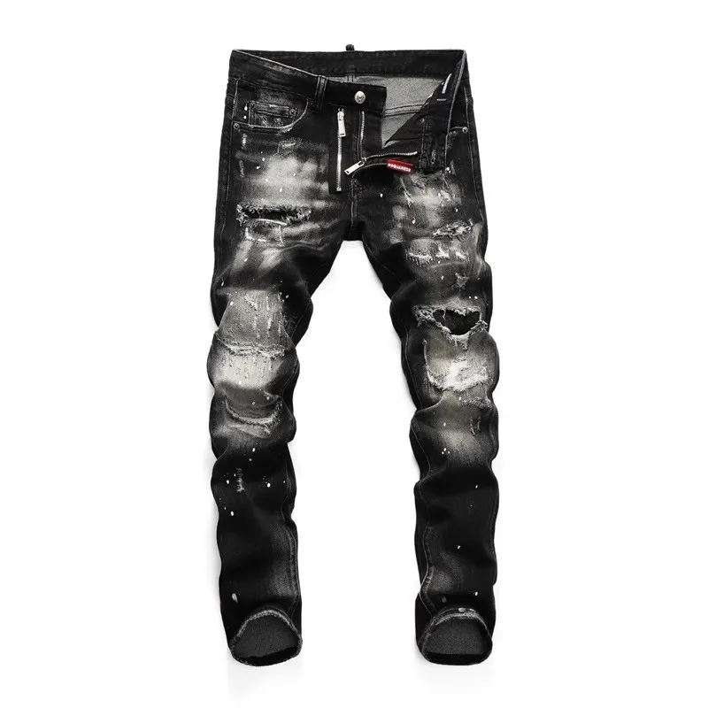 

Street Style Ripped Patch Jeans Men'S Skinny Stretch Retro Ink Splash Casual Long Pants