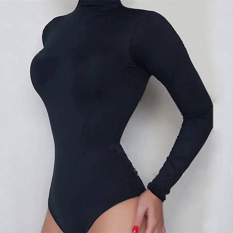 Women Black Long Sleeve Bodysuit Autumn Winter Turtleneck Bodysuits Womens Sexy Bodycon High Waist Romper Body