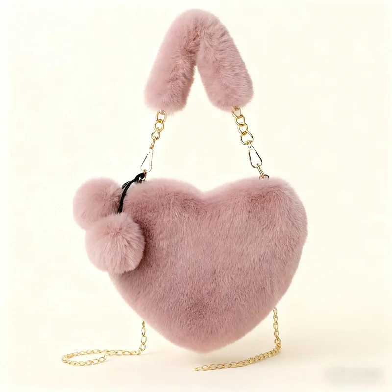 

5pcs Crossbody Bags Plush Love Shaped Sweet Light Protable Shoulder Bag For Women Winter