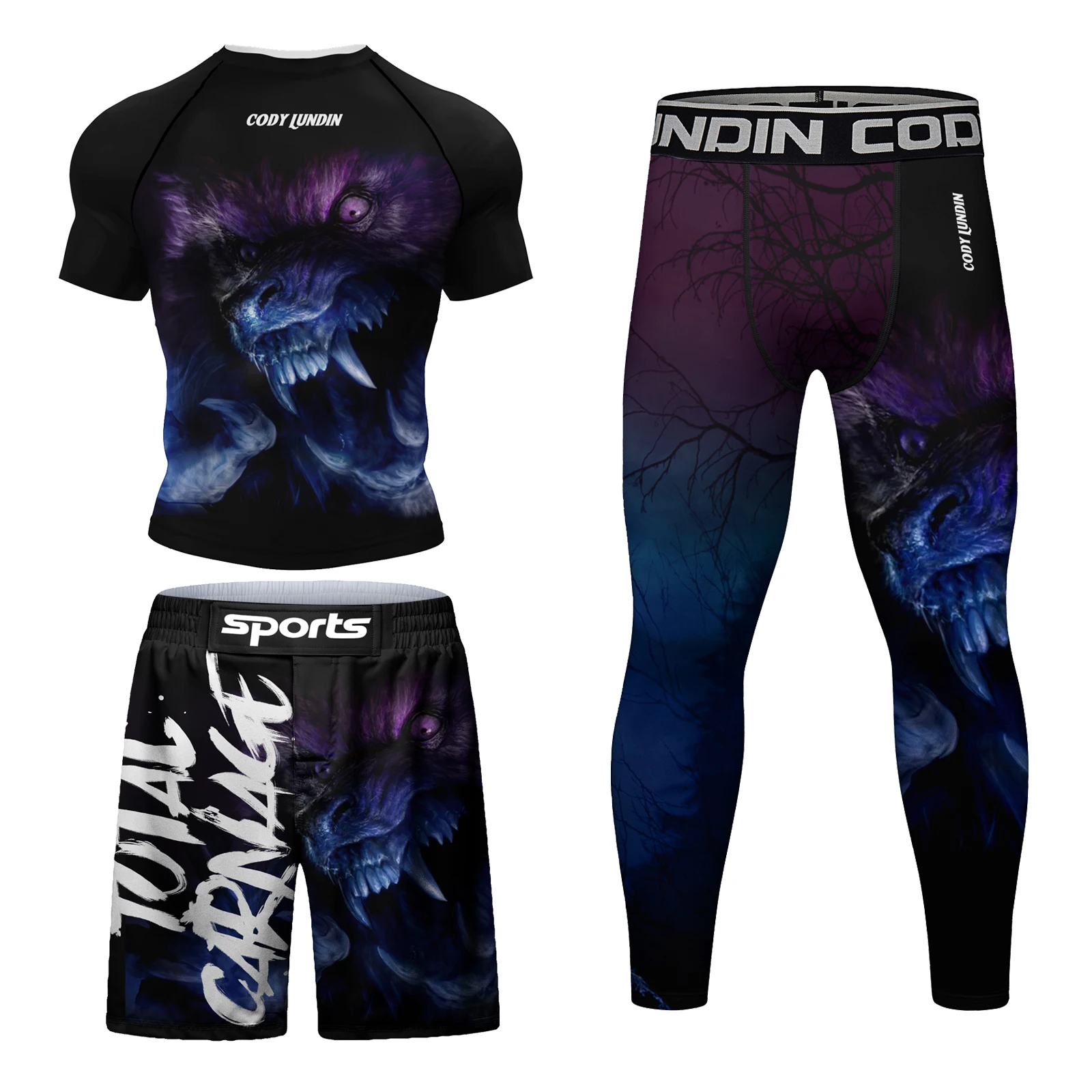 Cena fabryczna gorąco sprzedaje się niebieskie zestawy bokserskie dla mężczyzn kompresyjne Rashguard szorty MMA zestaw treningowy do kickboxingu